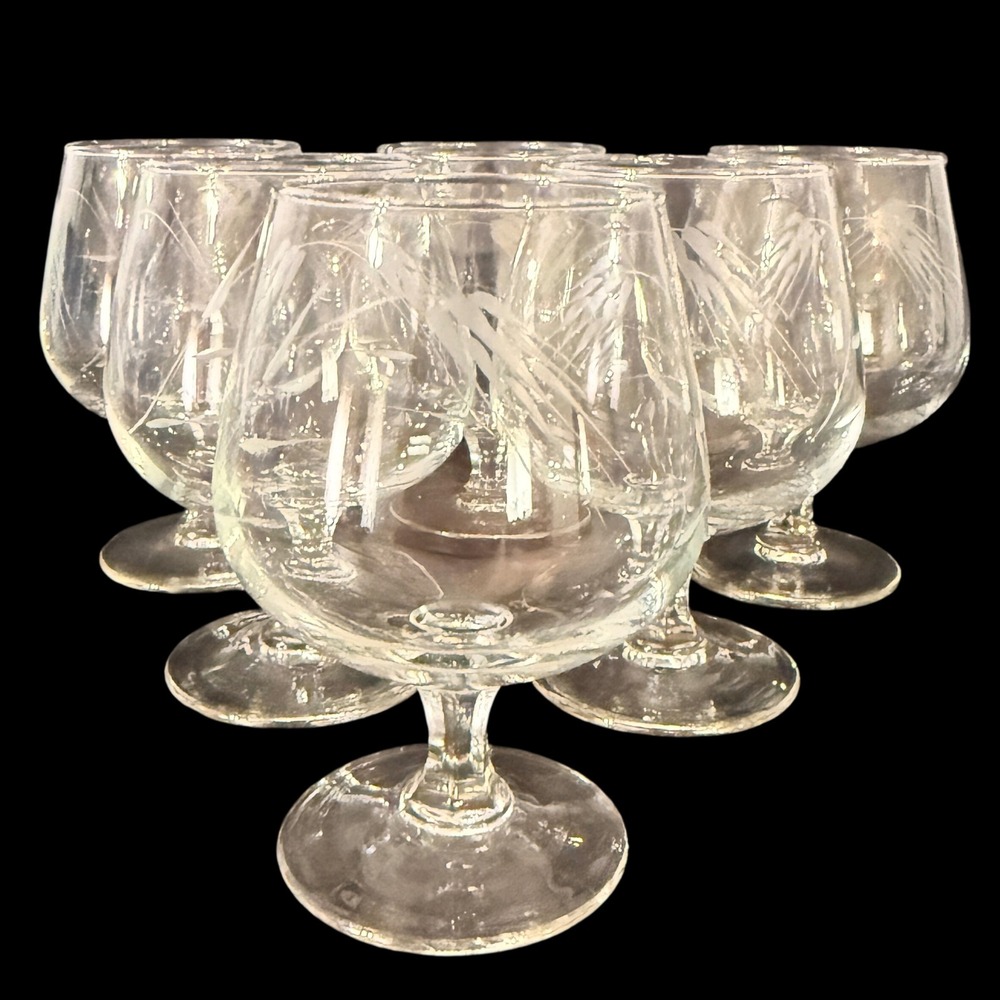 Vintage Etched Wheat Brandy Snifters Clear Glass Short Stem Set of 6 MCM